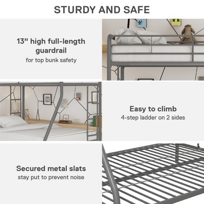 Silver Twin Over Full Metal Bunk Bed with Guardrails and Ladders
