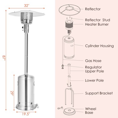 Silver Stainless Steel Propane Patio Heater with Wheels