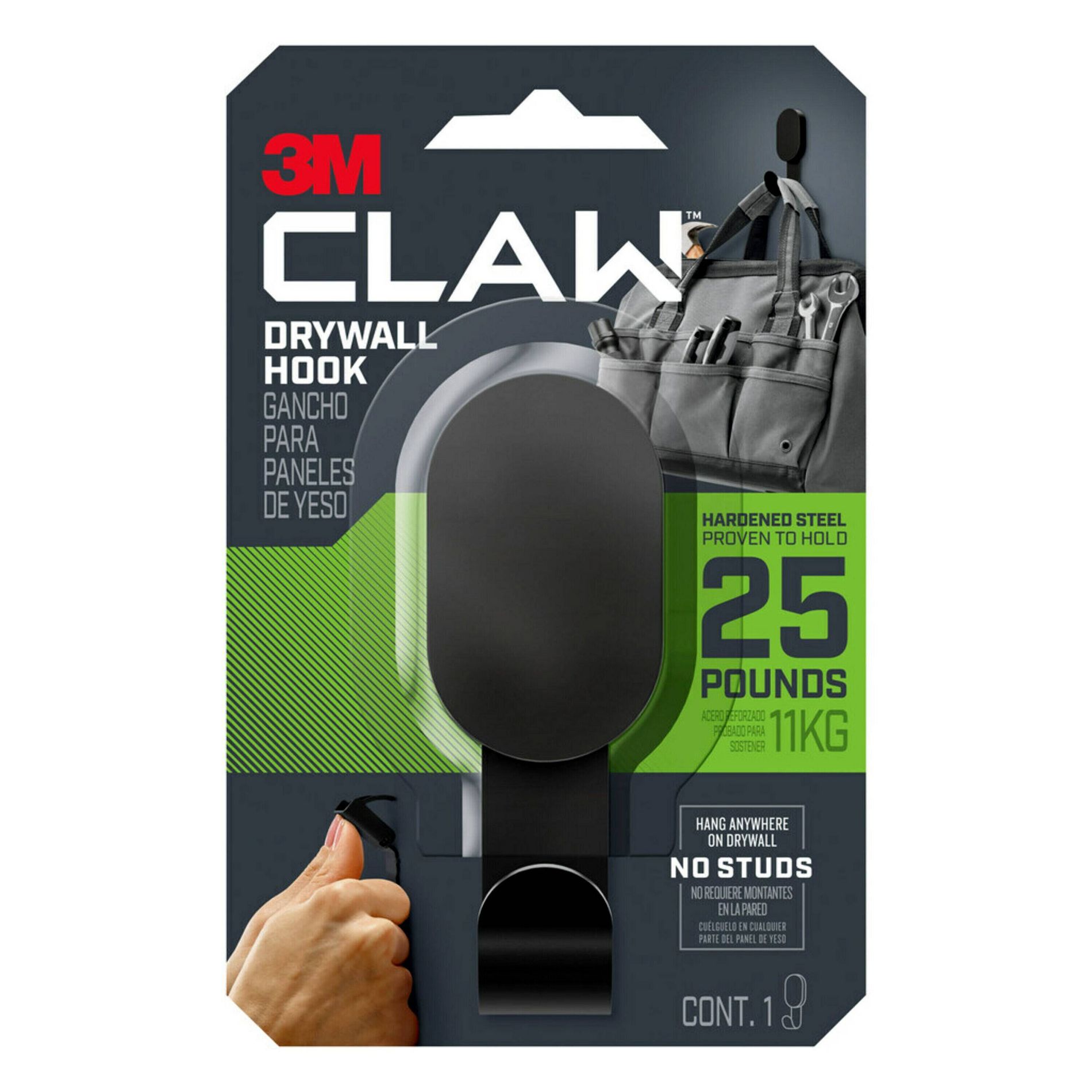 3M Claw 25lb Hanging Hook - Black: Steel Adhesive Hook for Over Door Use