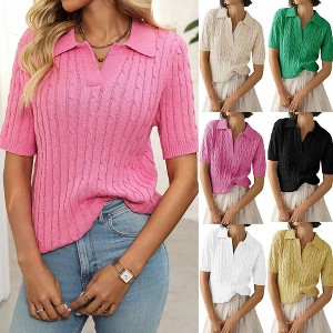 Coolmee Women Casual Lapel V Neck Cable Short Sleeve Knit Soft Pullover Sweater Tops - 1 of 4