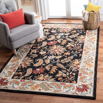 Black Floral Hand-Hooked Wool Area Rug with Ivory Border