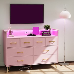 Storage cabinet, 8 drawer dresser with LED lights and charging station, wooden chest of drawers, open space, entryway, living room storage organizer - 1 of 4