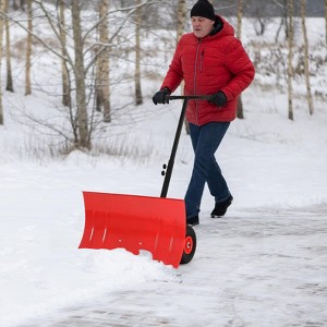 Heavy Duty Snow Shovel with Wheels, Ergonomic Snow Pusher for Driveways, Adjustable Angle & Height Handle for Efficient Snow Removal - 1 of 4