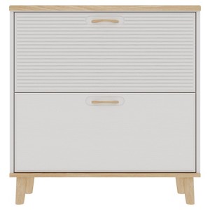 TiramisuBest Narrow Freestanding Shoe Storage Cabinet with 2 Flip Drawers, Natural Wood Legs – 8-16 Pairs Slim Entryway Organizer (Natural+White) - 1 of 4