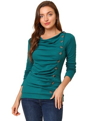 Allegra K Women's Cowl Neck Long Sleeves Buttons Decor Solid Ruched Top