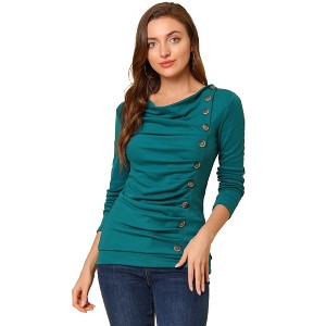 Allegra K Women's Cowl Neck Long Sleeves Buttons Decor Solid Ruched Top - 1 of 4