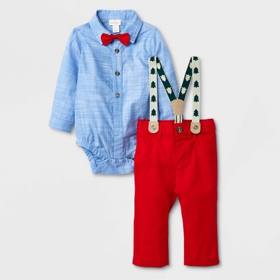 Baby Boys' Holiday Long Sleeve Suspender Set with Bowtie - Cat & Jack™ Blue 3-6M