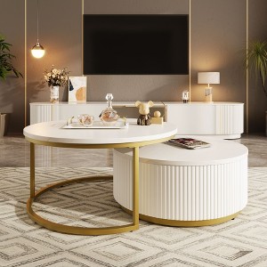 Okak Modern Coffee Table Set of 2 Nesting Tables, Round Side Table Fluted for Living Room, Accent Table with Storage Drawer - 1 of 4