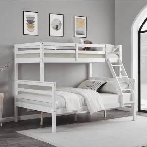 MAYEERTY Twin over Full Bunk Bed with Ladder, Wooden Bed Frame with High Guardrail and Ladder for Kids, No Box Spring Needed, White - 1 of 4