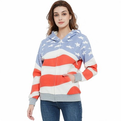 Anna-Kaci Women's American Flag Print Zip-Up Hoodie with Kangaroo Pocket