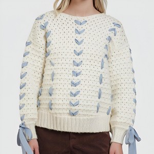 Knit & Lounge Women’s Ribbon Lace Knit Sweater Long Sleeve Textured Stitch Detail Soft Cozy Fabric Adjustable Ribbon Ties - 1 of 4