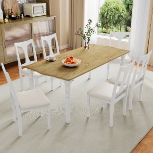Vynxaria Extendable Farmhouse Dining Set 60"-78" Table and Chairs, Oak Veneer/Rubber Wood, 2 Colors (Brown-Black/White), Seats 6+ - 1 of 4