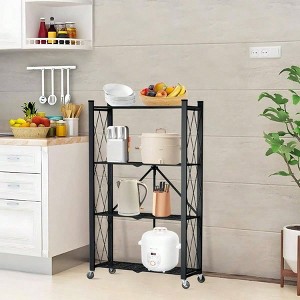 4 Tier Foldable Storage Shelf with Wheels Heavy Duty Metal Steel Black Kitchen Pantry Office Rolling Utility Rack Loads 600 LBS - 1 of 4
