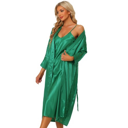 cheibear Womens Satin Robe Nightgown Sets Lace Long Sleeve Bridesmaid  Wedding Bride Bathrobe Green Large