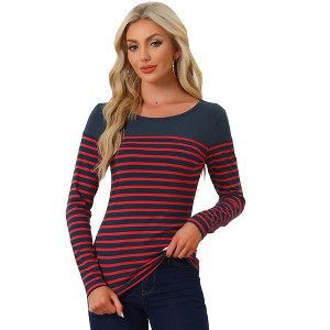 INSPIRE CHIC Women's Color Block Round Neck Long Sleeves Striped Basic T-Shirt - 1 of 4