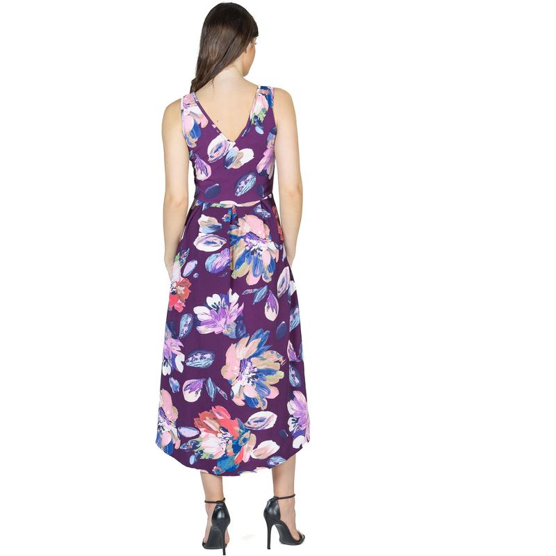 24seven Comfort Apparel Purple Sleeveless Pleated High Low Pocket Dress, 3 of 5
