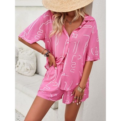 Women Summer 2 Piece Sets Printed Short Sleeve Tops Lounge Shorts Beach Vacation Outfits