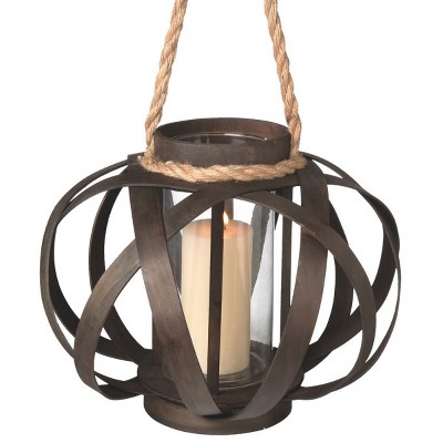 Northlight 14" Large Brown Open Weave Pillar Candle Lantern with Tan Rope Handle