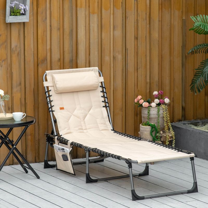Outsunny Folding Chaise Lounge Chair, Outdoor Padded Reclining Chair with 5-position Adjustable Backrest, Pillow and Pocket for Patio, Deck, Beach, Lawn and Sunbathing, 2 of 7