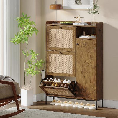 Rattan Shoe Cabinet with 3 Flip Drawers, 4-Tier Shoe Storage Cabinet for Entryway