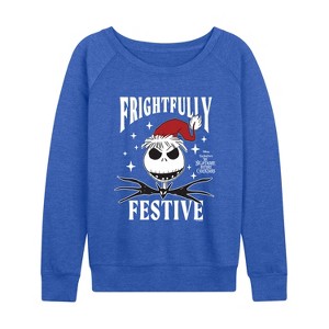 Women's - Disney - Frightfully Festive Lightweight French Terry Wide Neck Long Sleeve Graphic Shirt - 1 of 3