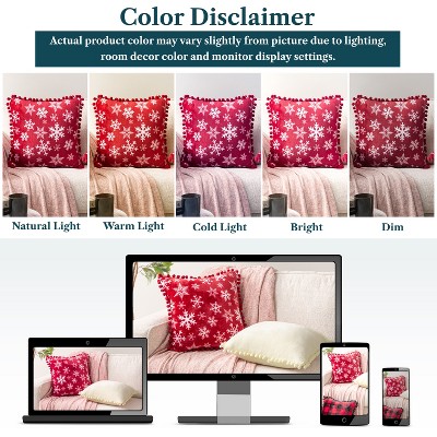 Red Snowflake Polyester Throw Pillow Covers with Pom Pom Fringe, 18x18, Set of 2