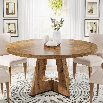 Okak Farmhouse Wood Large Round Dining Table with Cross Base,Wooden Kitchen Dinner Table for Dining Room,Breakfast Nook