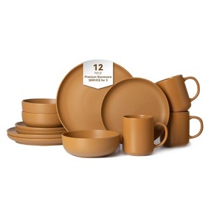 FONTOI 12-Piece Stoneware Dinner Sets with Mugs, Stackable Bowls Sets for 3, Dinner Plates Sets for Home, Kitchen, Orange, 10"*0.7"*10" - 1 of 4