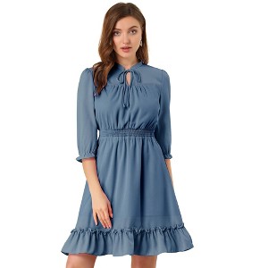 Allegra K Women's Solid Ruffle Hem 3/4 Sleeve A-Line Smocked Short Chiffon Dress - 1 of 4