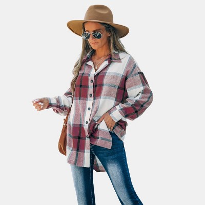 Women's Long Sleeve Plaid Oversized Shirt - Cupshe-s-red : Target