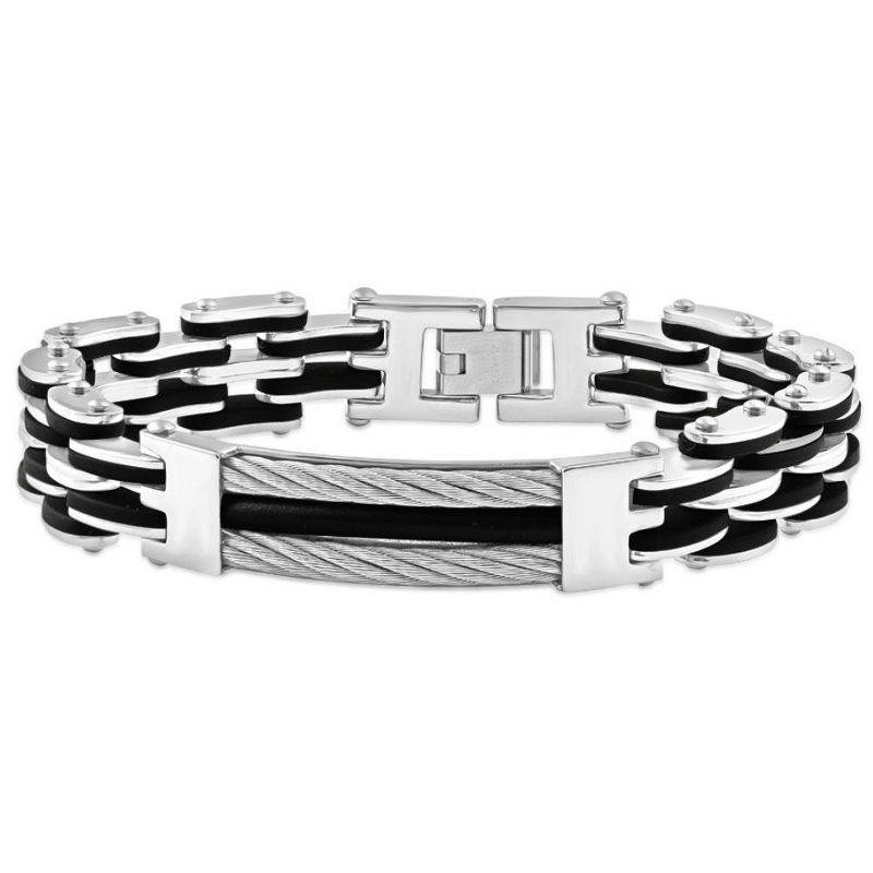 Pompeii3 Men's Steel Brushed And Black Two Tone 13.5mm Link Flexible Wired 8 " Bracelet, 1 of 4