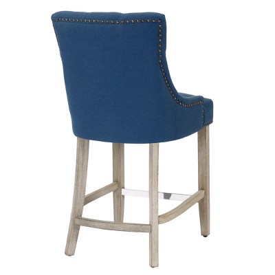 Blue Linen Tufted Wingback Counter Stool Set with Antique Gray Legs