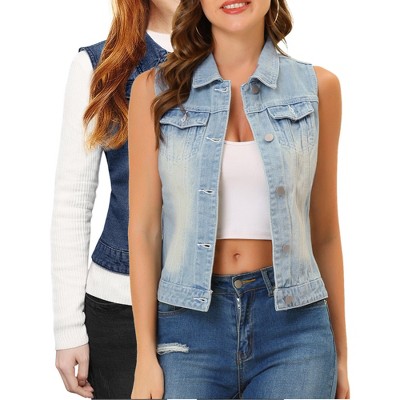 INSPIRE CHIC Women's Buttoned Washed Denim Vest with Faux Chest Flap Pockets 2 Packs