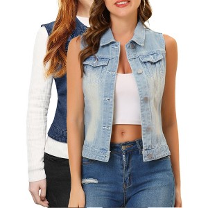 INSPIRE CHIC Women's Buttoned Washed Denim Vest with Faux Chest Flap Pockets 2 Packs - 1 of 4