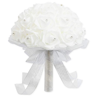 Sparkle and Bash Artificial White & Silver Rose Flowers Wedding Hand Bouquet with Rhinestones (9.5 x 10.5 in.)