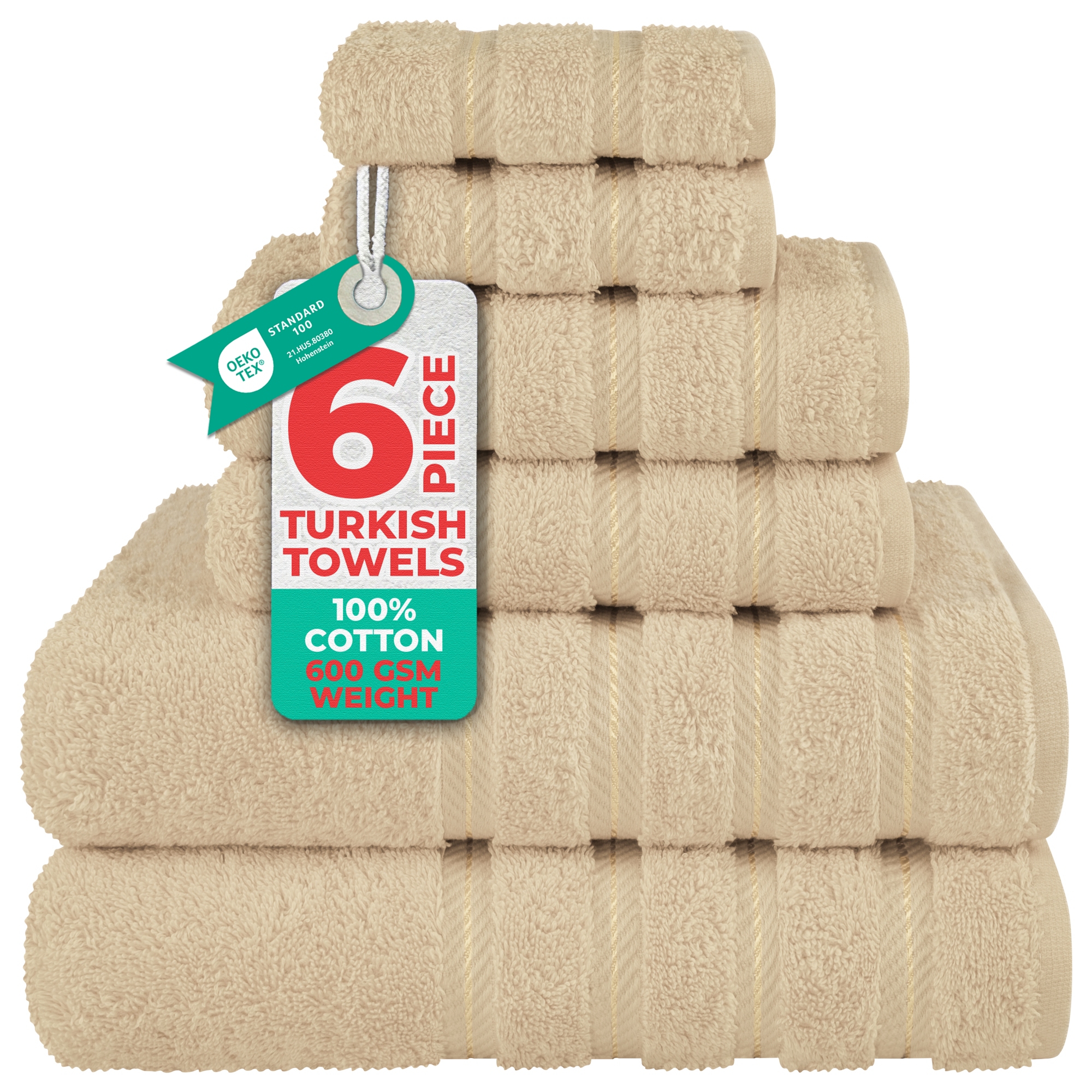 American Soft Linen 6 Piece Towel Set, 100% Cotton Bath Towels for Bathroom, Beige