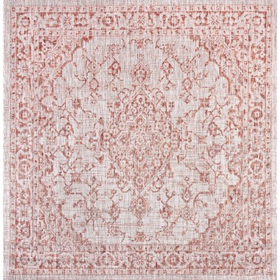 Bohemian Medallion 5' Square Indoor/Outdoor Rug in Red and Taupe