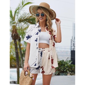 Womens Loungewear Set Casual Suit 2 Piece Short Sleeve Color Block Shirt Shorts Pajamas - 1 of 4