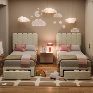 Twin Bed Frame with Storage Drawer and Headboard, Velvet Upholstered Twin Platform Bed Frame for Girls, Strong Wooden Slats Support, Noise-Free,2Pack - 1 of 4