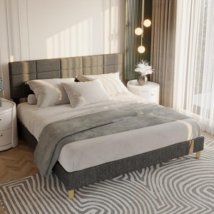 Full Size Wood Bed Frame, Linen Upholstered Platform Bed with Headboard, No Box Spring Needed, 700 LBS Sturdy Wooden Slats Support, Grey - 1 of 4