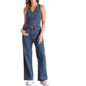 Allegra K Women's Outfits Denim Set Sleeveless Button V Neck Vest Waistcoat and Wide Leg Jeans 2 Pcs - 1 of 4