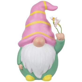 Northlight Gnome Holding Flowers Spring Figurine - 8" - Pink and Green
