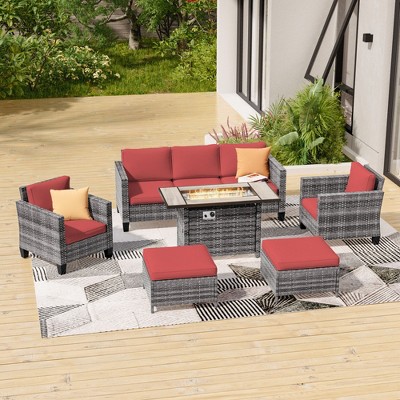 Sonkuki 6 Pieces Patio Sofa with Rectangle Fire Pit Table and Ottomans, Wicker Conversation Couch, Navy Blue Cushion