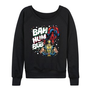Women's - Marvel - Bah Hum Bub Wolverine And Deadpool Lightweight French Terry Wide Neck Long Sleeve Shirt - 1 of 4