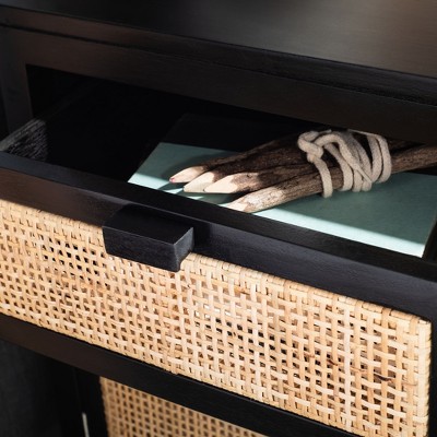 Coastal Black Mahogany & Natural Rattan 1-Drawer Nightstand