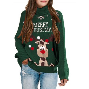 Girls Christmas Knit Pullover Sweaters Turtleneck Kids Long Sleeve Chunky Winter Warm Cute Funny Tops - 1 of 1