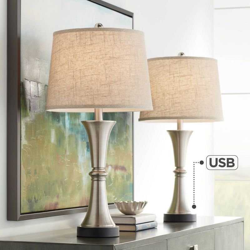 360 Lighting Seymore Modern Table Lamps 26" High Set of 2 with USB Port Silver LED Touch On Off Burlap Linen Drum Shade for Bedroom Living Room Desk, 2 of 9