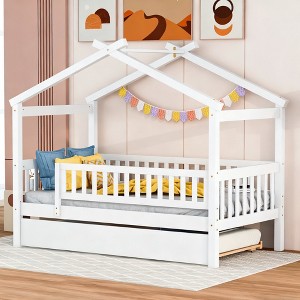 Luxystar Twin Size Kids House Bed with Twin Size Trundle and Pull Out Bed - 1 of 4