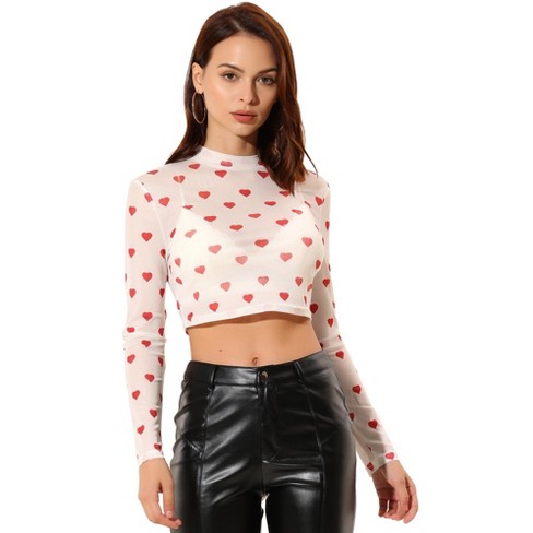 Organza Mesh Polka Dot Sweetheart Neck Puff Sheer Sleeve Crop Top