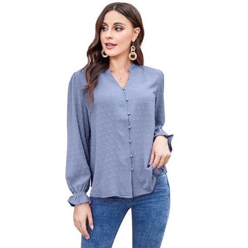 Women's Ruffle V Neck Tops Button Down Swiss Dot Shirts Casual Puff ...